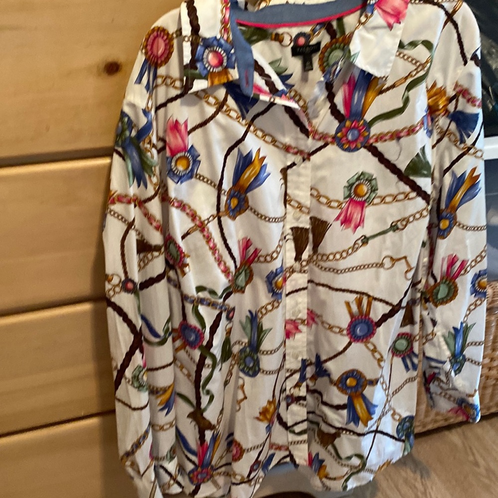 Talbots size 24 blouse, white background with various colors